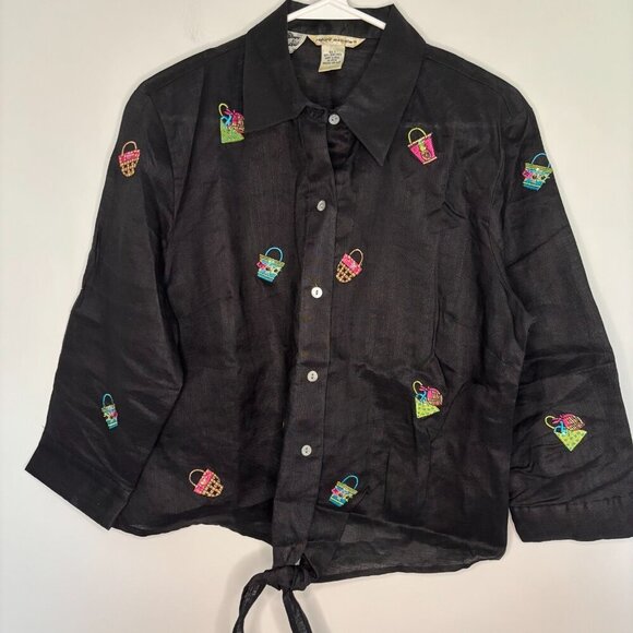 RICHARD MALCOM Large 100% Irish Linen Embroidered Waist Tie Black Blouse - Picture 1 of 8